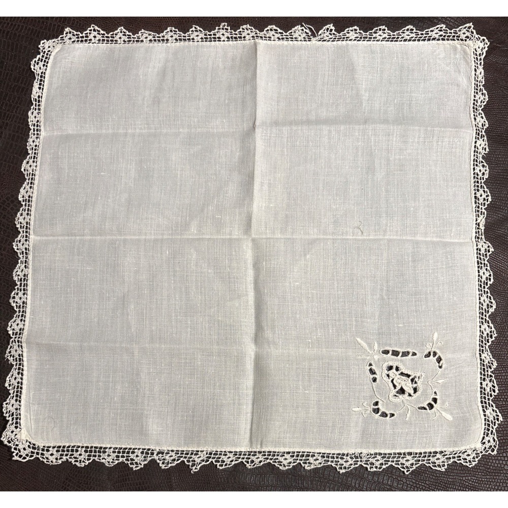Vintage White Embroidered Linen Handkerchief With Lace Trim 12" Square